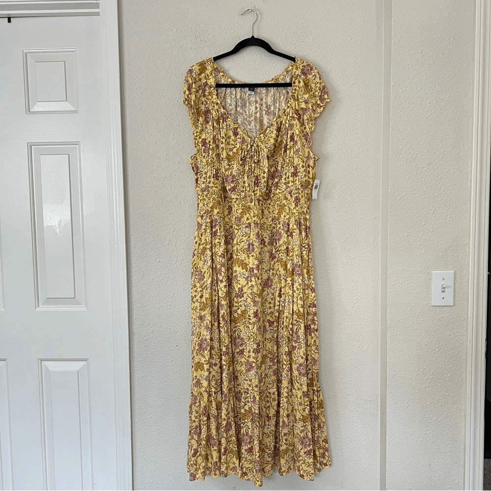 Old Navy Waist-Defined Short-Sleeve Printed Midi Dress in Yellow Floral NEW 2X
