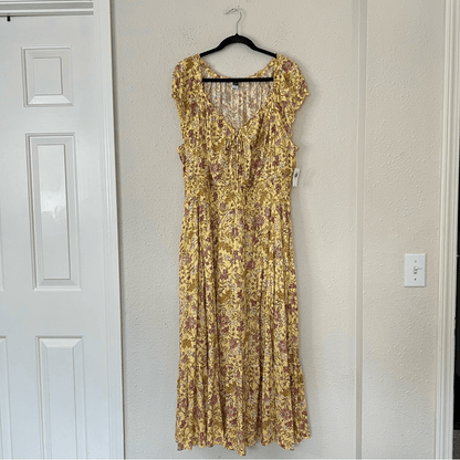 Old Navy Waist-Defined Short-Sleeve Printed Midi Dress in Yellow Floral NEW 2X