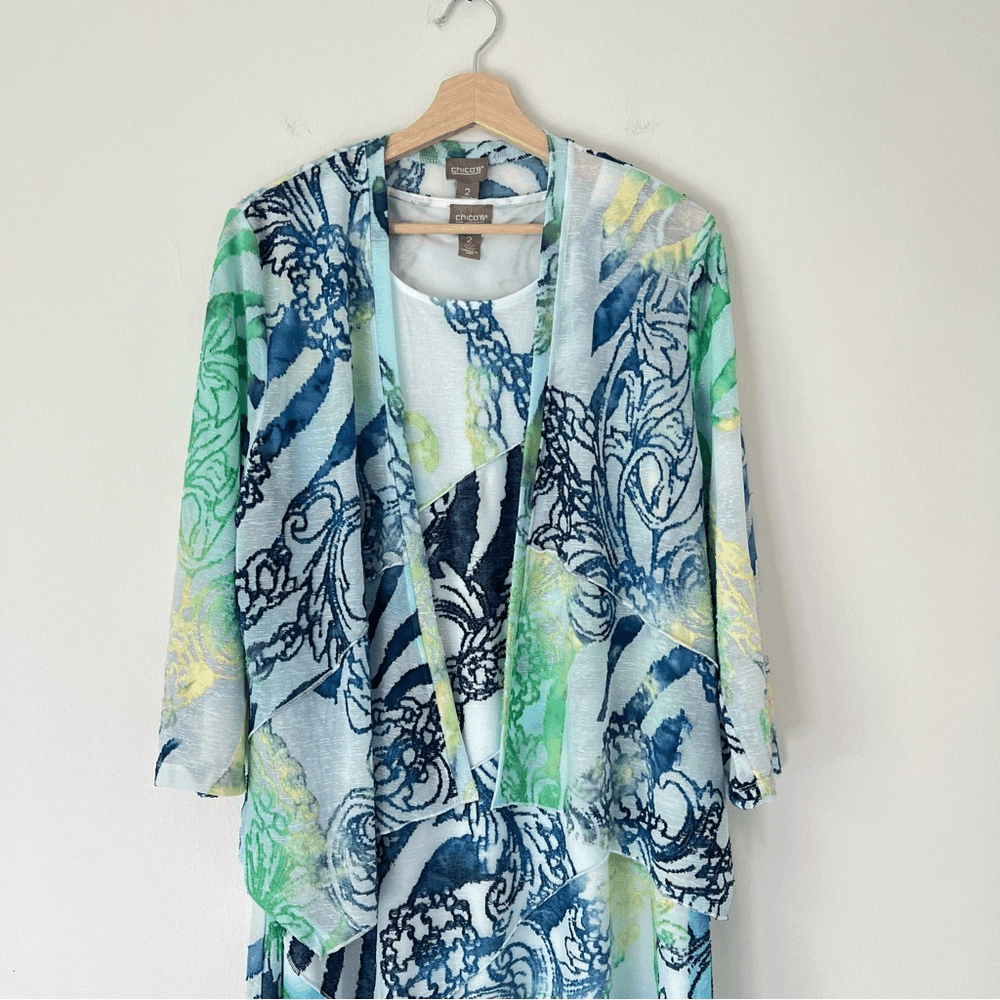 Chico's Blue and Green Patterned Mini Tunic Dress with Jacket Size 2 / L