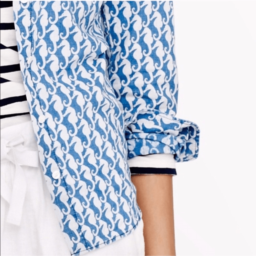 J. Crew Seahorse Linen Blend Button Down Boy Shirt Size 6 Nautical