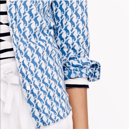 J. Crew Seahorse Linen Blend Button Down Boy Shirt Size 6 Nautical