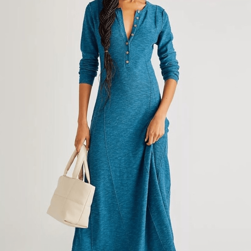 Free People Beach El Topo Sweater Maxi Dress Henley Peacock Plume Long Sleeve S