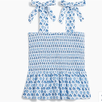 J. Crew Smocked Tie Shoulder Tank Top Floral in White and Blue NEW Size XL