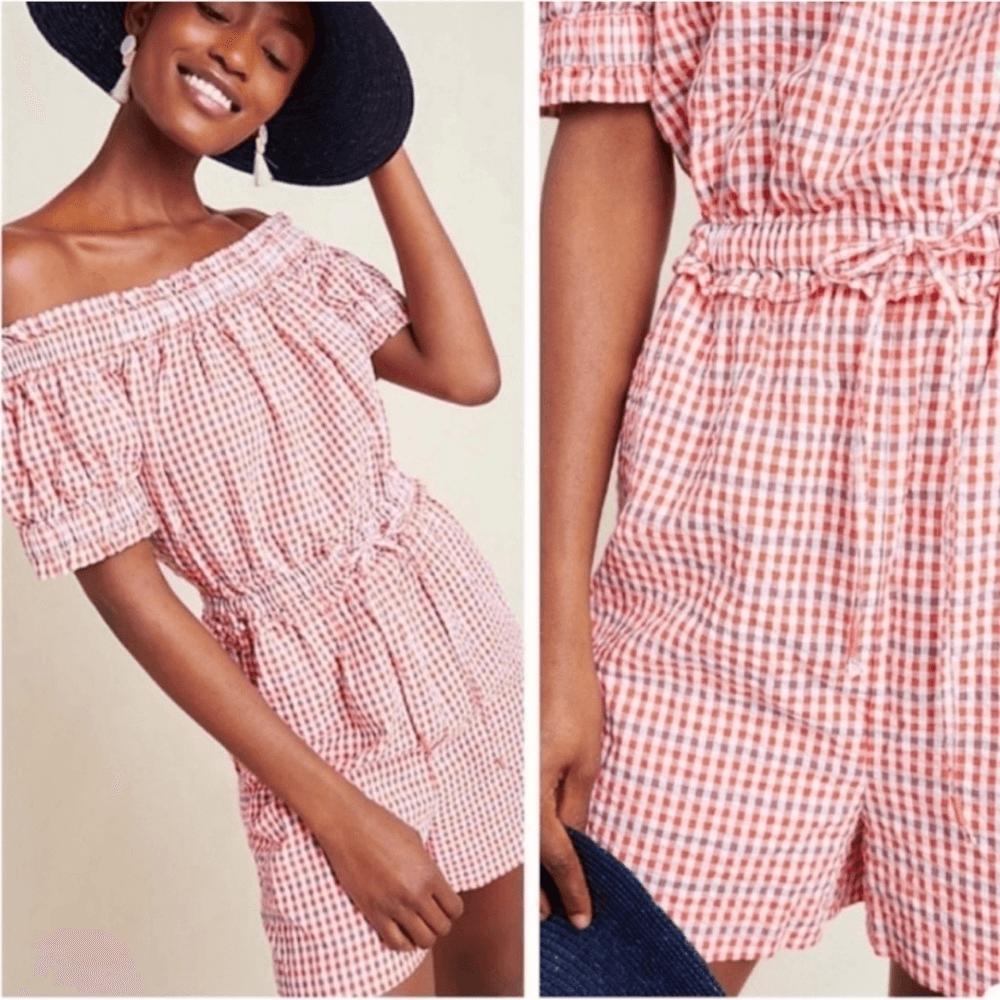 Anthropologie Gingham Off the Shoulder Seersucker Romper Size Medium