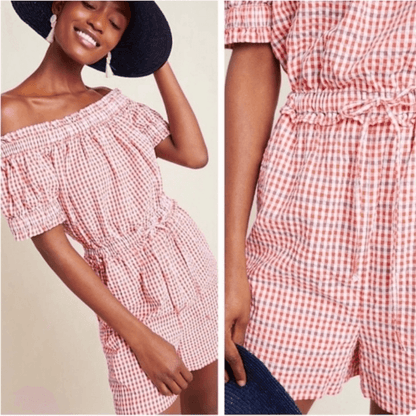 Anthropologie Gingham Off the Shoulder Seersucker Romper Size Medium