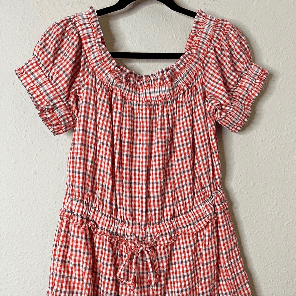 Anthropologie Gingham Off the Shoulder Seersucker Romper Size Medium