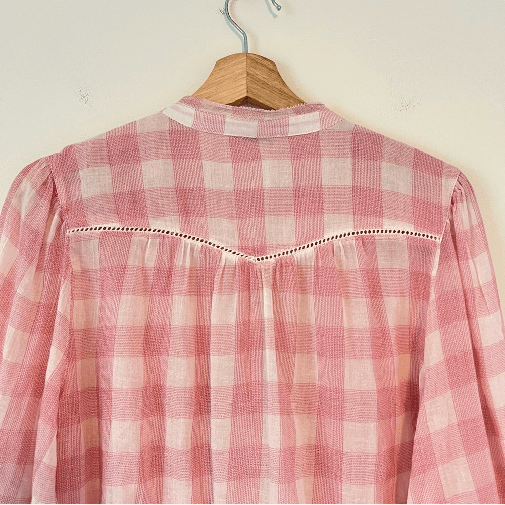 Sundance Risette Pink White Gingham Button Down Tie Sleeve Top Size XS