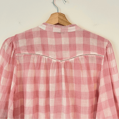 Sundance Risette Pink White Gingham Button Down Tie Sleeve Top Size XS