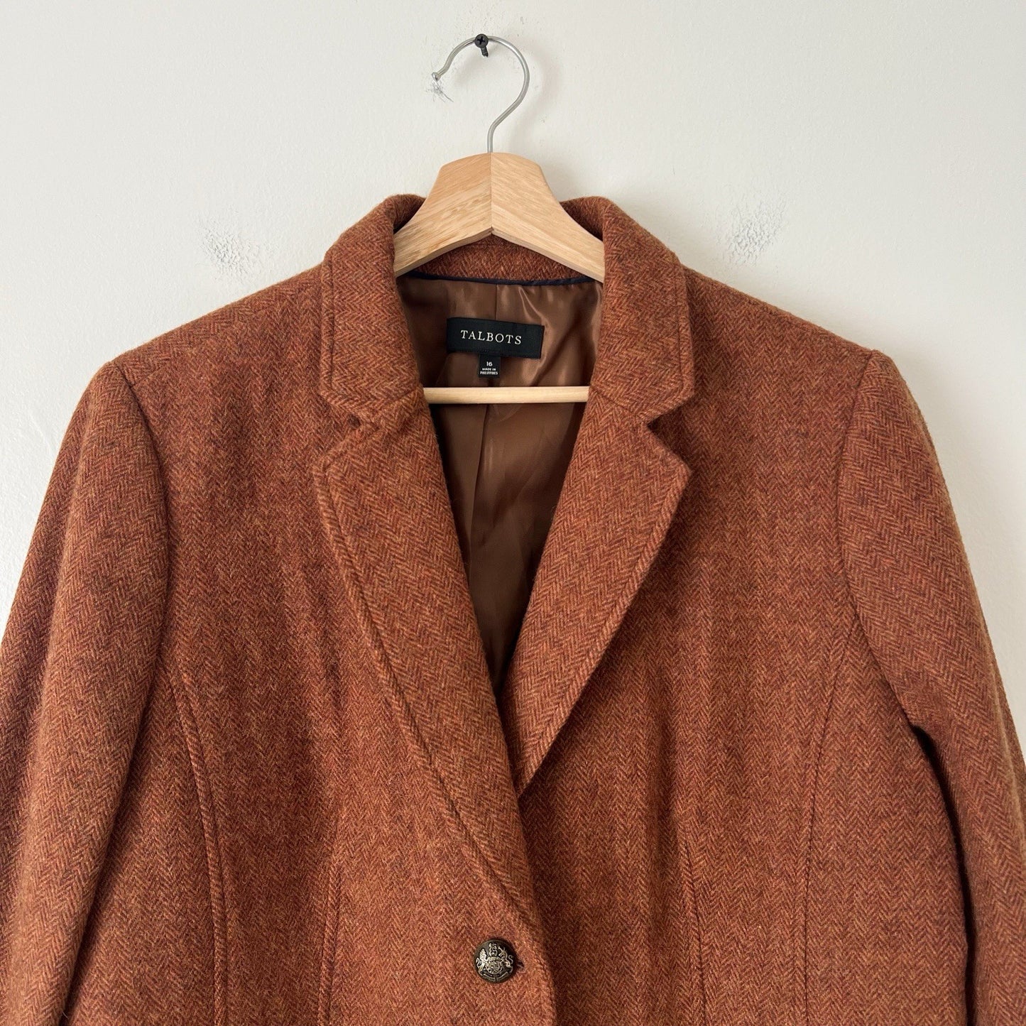 Talbots Shetland Herringbone Wool Blend Blazer Rust Brown Size 16 Classic Career