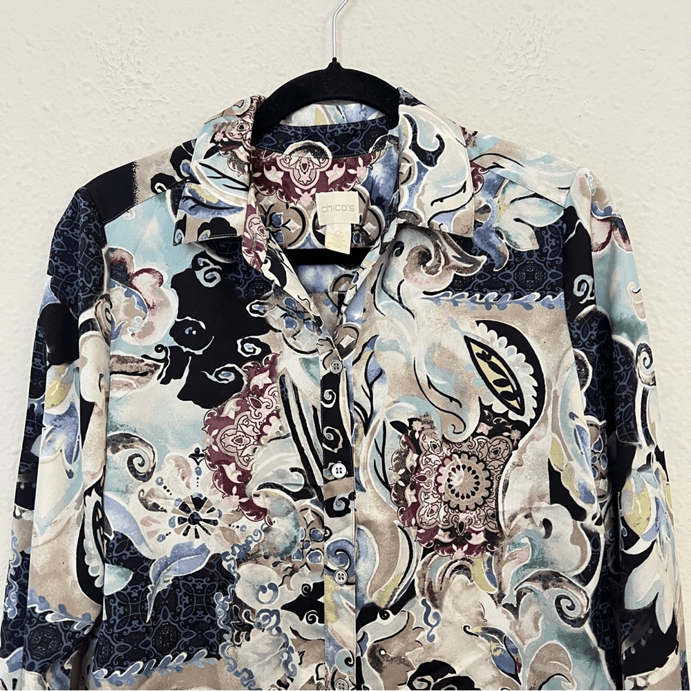 Chicos Mystic Mix Geneva BoHo Silky Shirt Blouse Button Down Paisley Size Small