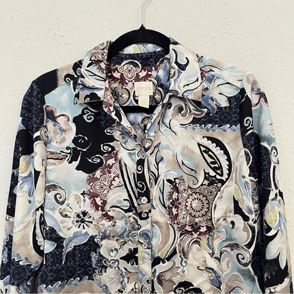 Chicos Mystic Mix Geneva BoHo Silky Shirt Blouse Button Down Paisley Size Small