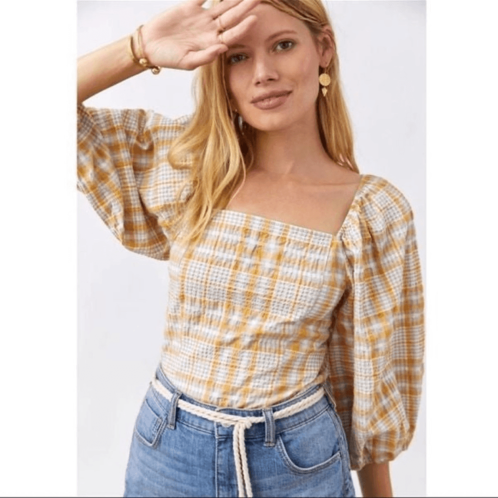 Anthropologie Maeve Neutral Plaid Square-Neck Blouse NEW Size Small