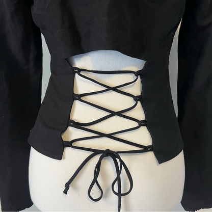 INTERMIX Marseille Black Lace-Up Top Tie Front Lace Back Scoop Neck Size 0 Linen