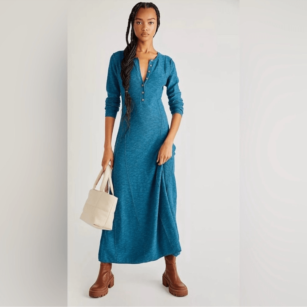 Free People Beach El Topo Sweater Maxi Dress Henley Peacock Plume Long Sleeve S