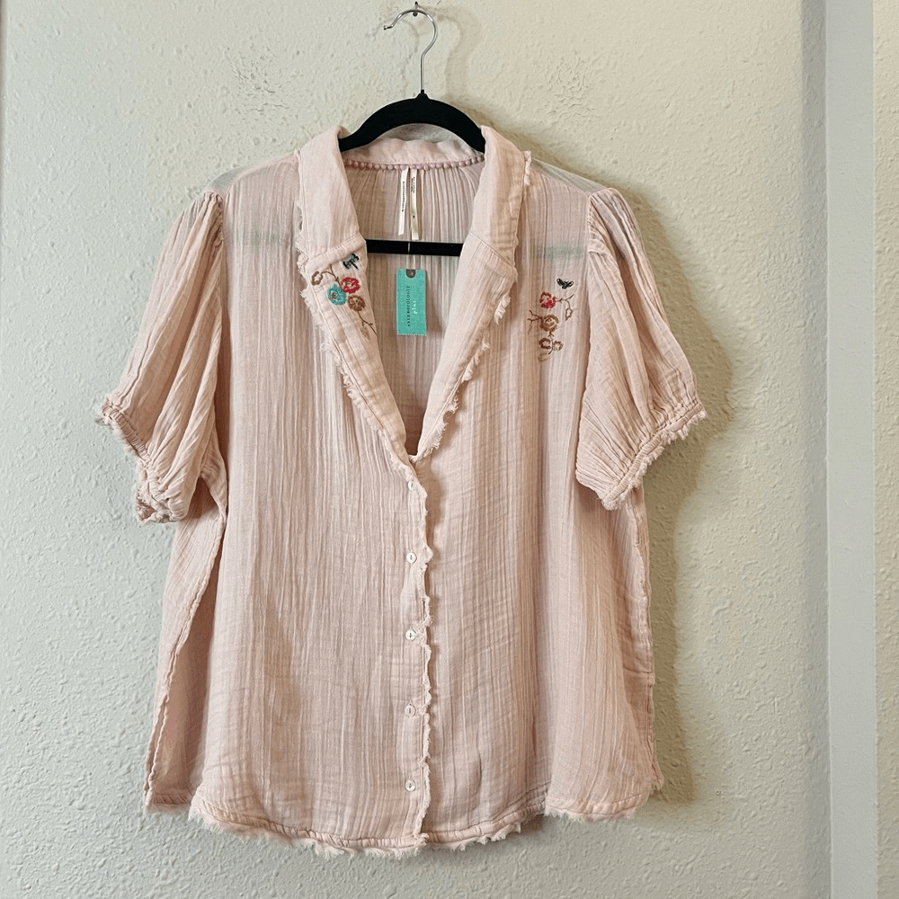 Anthropologie Romilly Boho Top Button-up Pink Embroidery NEW Plus Size 1X