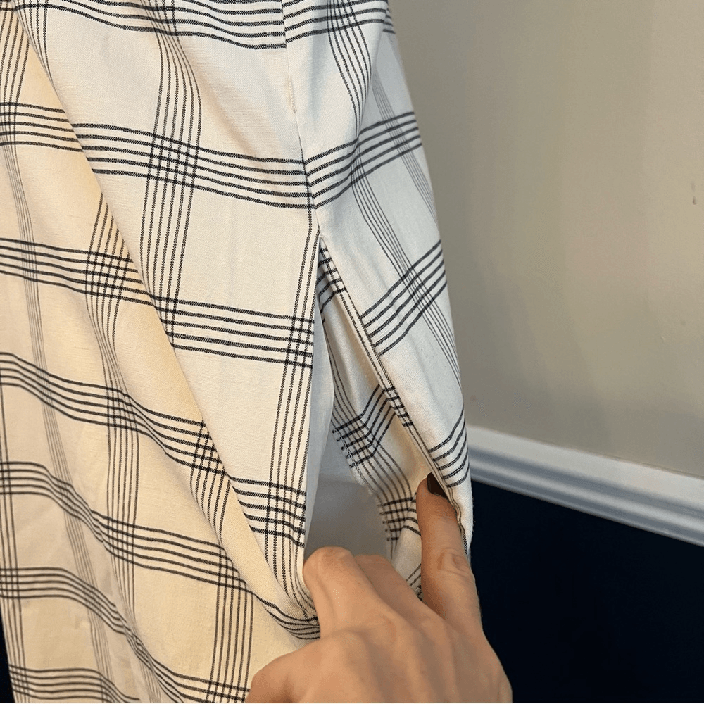 Theory Deep V Linen Blend Spring Plaid Midi Dress Size Medium in Ivory