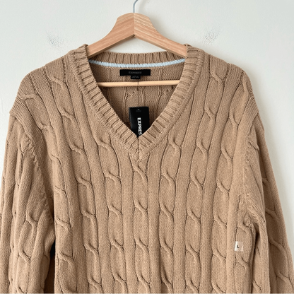 Express Cable Knit V-Neck Sweater in Tan NEW Size Large