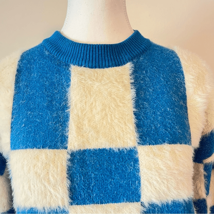 FRNCH Lio Cozy Fuzzy Sweater Blue White Abstract Colorblock Size Small