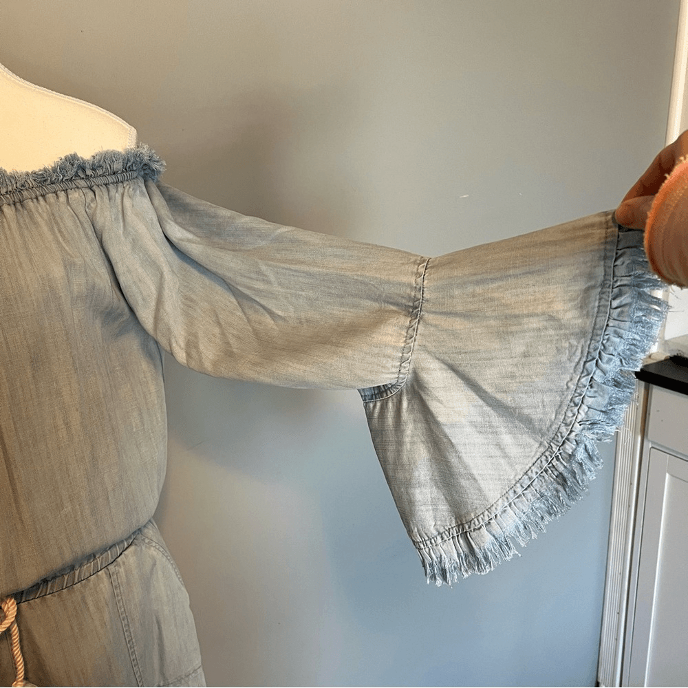 Ramy Brook Esie Chambray Romper Size XS Long Bell Sleeves Off the Shoulder