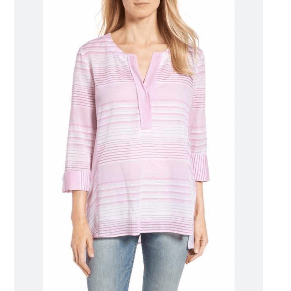 NYDJ Regatta Stripe Split Neck 3/4 Sleeves Cotton Tunic Size Small