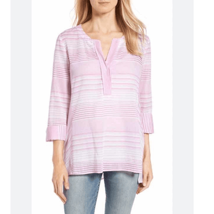 NYDJ Regatta Stripe Split Neck 3/4 Sleeves Cotton Tunic Size Small