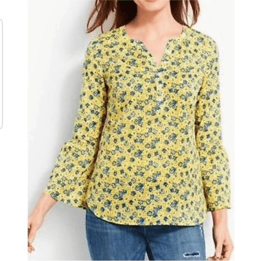 Talbots Floral Blouse Bandana Print Bell Sleeve Size Large Petite Popover