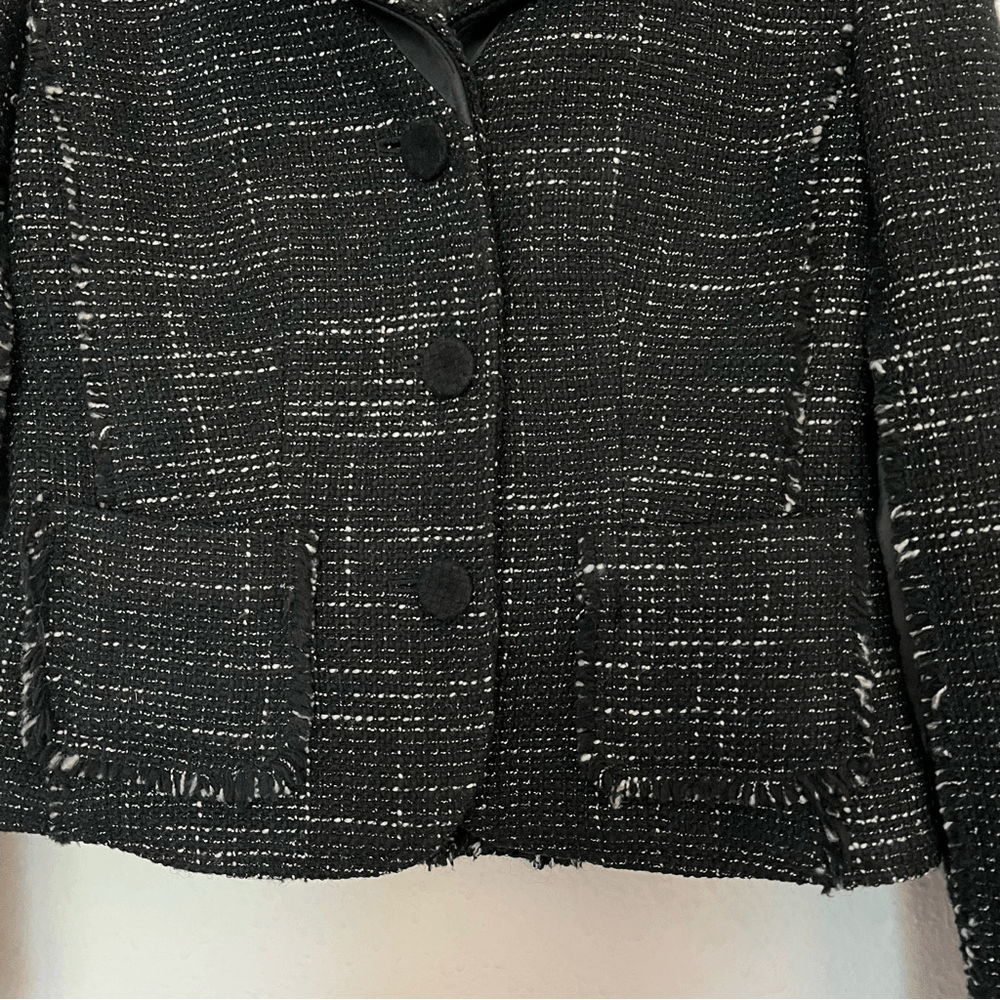 Ann Taylor Wool Blend Tweed Black Fringed Blazer Jacket Size 2 Petites