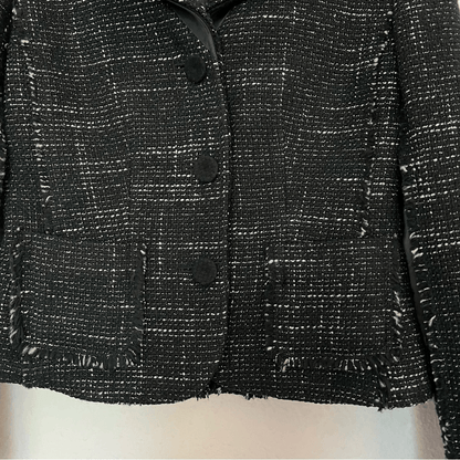 Ann Taylor Wool Blend Tweed Black Fringed Blazer Jacket Size 2 Petites