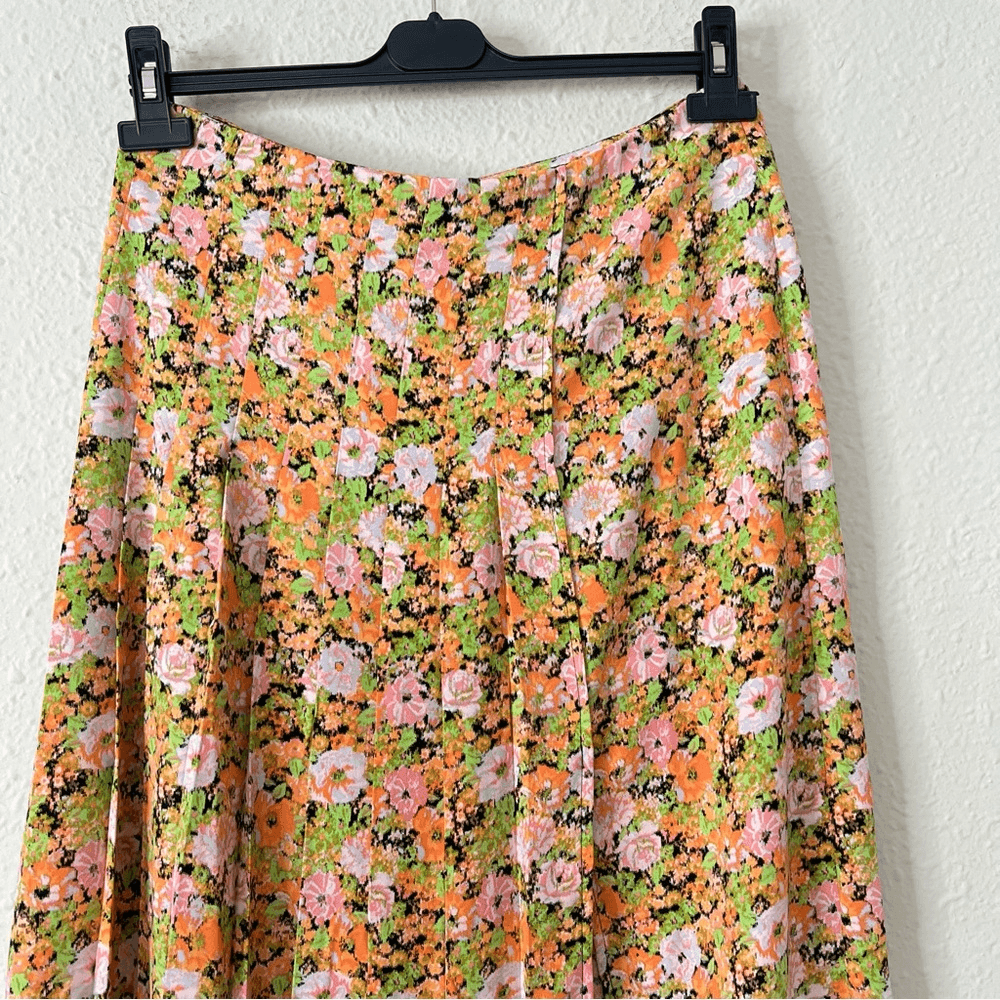 Open Edit Pleated Midi Skirt Orange Multi Meadow Floral Size Medium