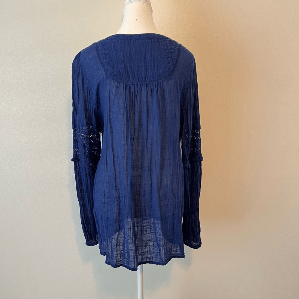 Sundance Gypsette Long Sleeve Crinkle Gauze Blouse in Blue Size Medium Tassel