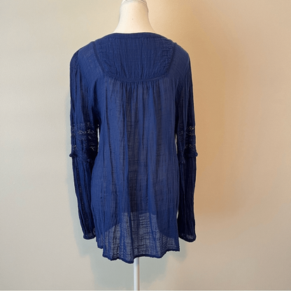 Sundance Gypsette Long Sleeve Crinkle Gauze Blouse in Blue Size Medium Tassel