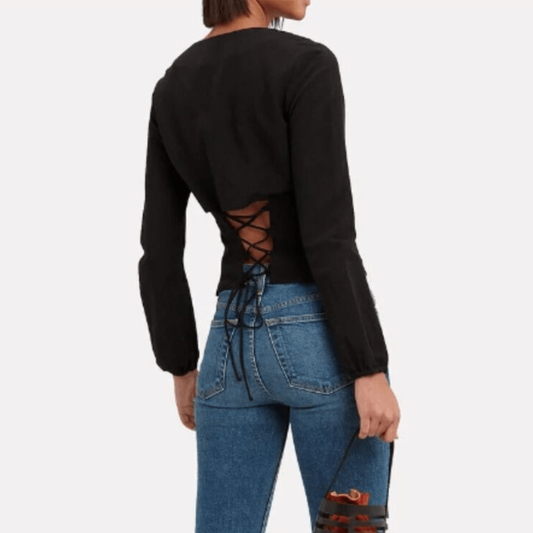 INTERMIX Marseille Black Lace-Up Top Tie Front Lace Back Scoop Neck Size 0 Linen