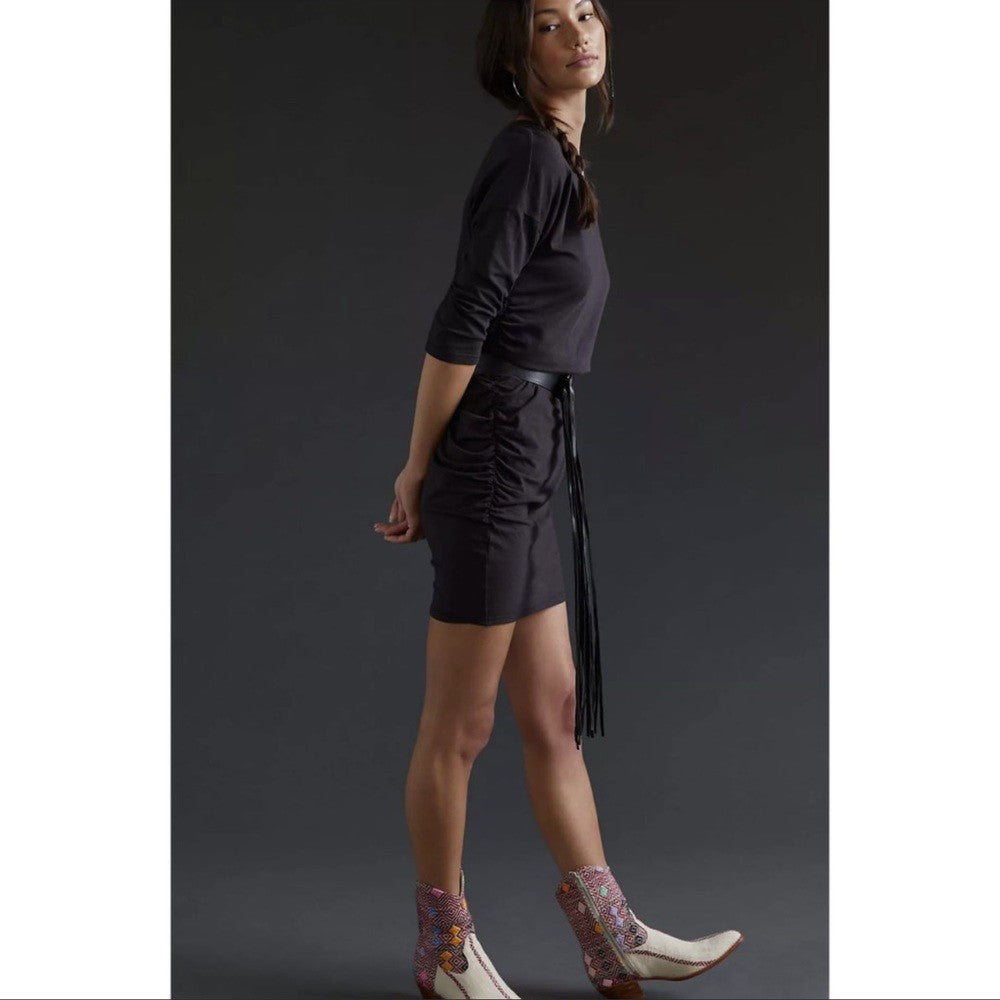 Anthropologie Sundry Shirred Mini Dress in Black NEW Size Small