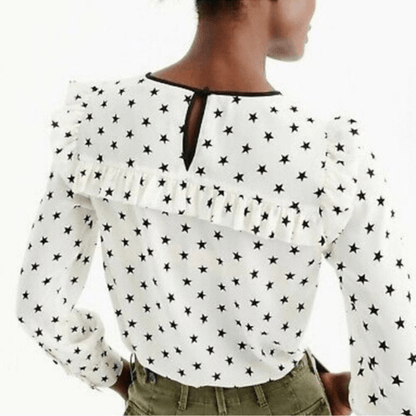 J. Crew Long Sleeve Silk Blouse Top Size 6 Off White Star Printed Ruffle