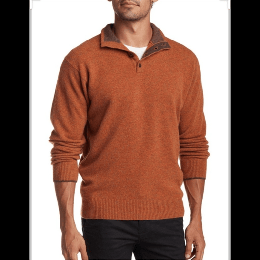 Peter Millar 100% Merino Wool Sweater Size Large Buttoned Mock Neck Burnt Orange