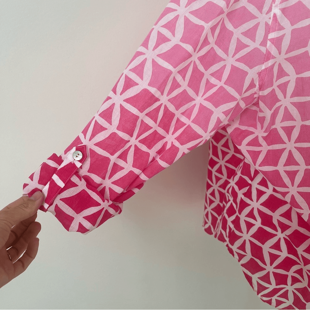 Chico’s Geometric Ombre Button Up Blouse Cotton Long Sleeve Top Size Large