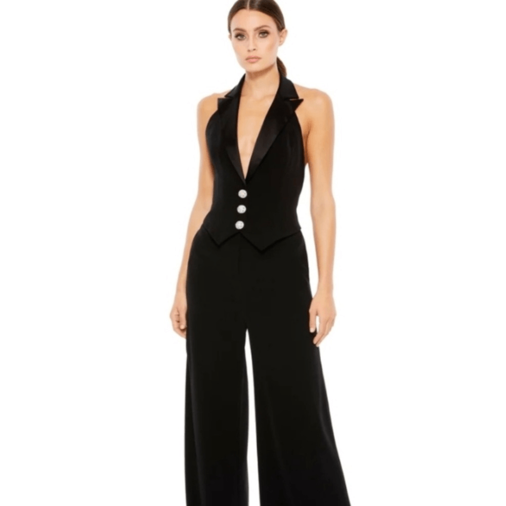 Mac Duggal Black Tuxedo Halter Jumpsuit NEW Size 6 Formal Elegant