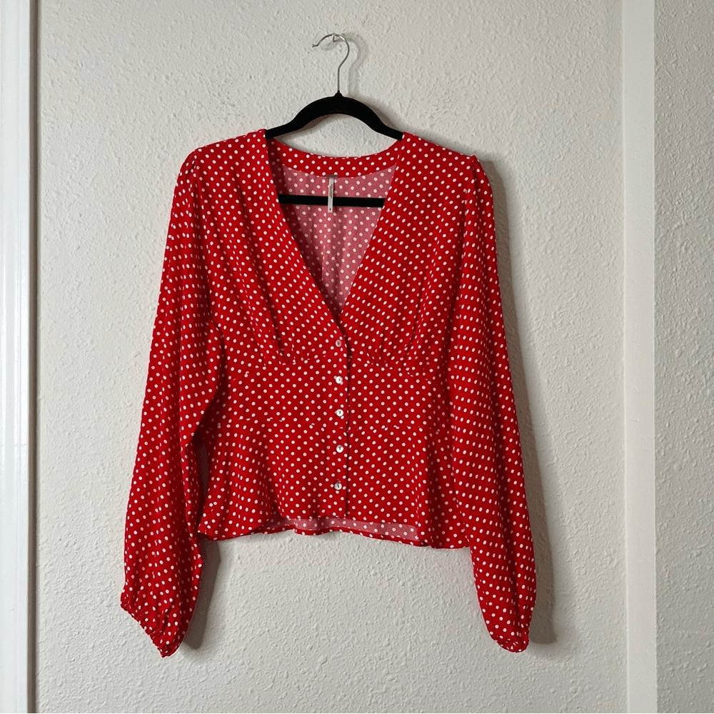 Free People Love Street Red White Polka Dot Long Sleeves Blouse M Retro Romantic