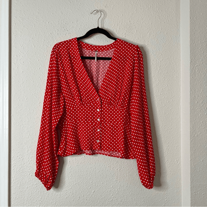 Free People Love Street Red White Polka Dot Long Sleeves Blouse M Retro Romantic