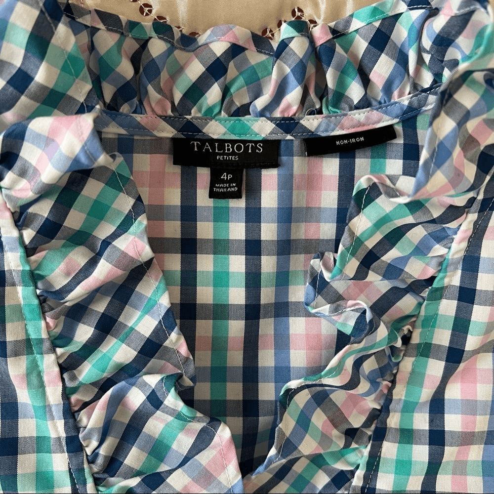 Talbots Ruffle Neck Gingham Shirt Blouse Size 4 Petites