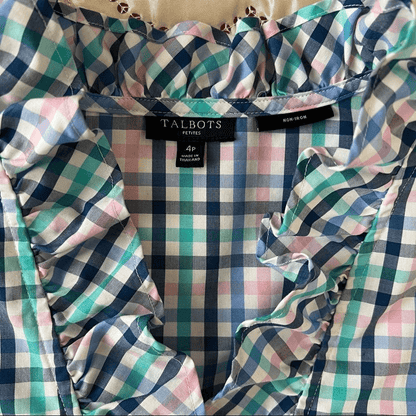 Talbots Ruffle Neck Gingham Shirt Blouse Size 4 Petites