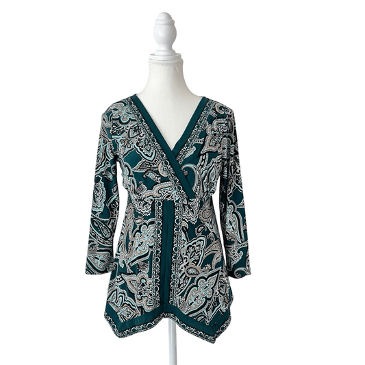 INC International Concepts Paisley Babydoll 3/4 sleeve top Forest Fairy Y2K Sz M