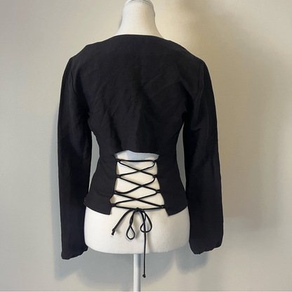 INTERMIX Marseille Black Lace-Up Top Tie Front Lace Back Scoop Neck Size 0 Linen