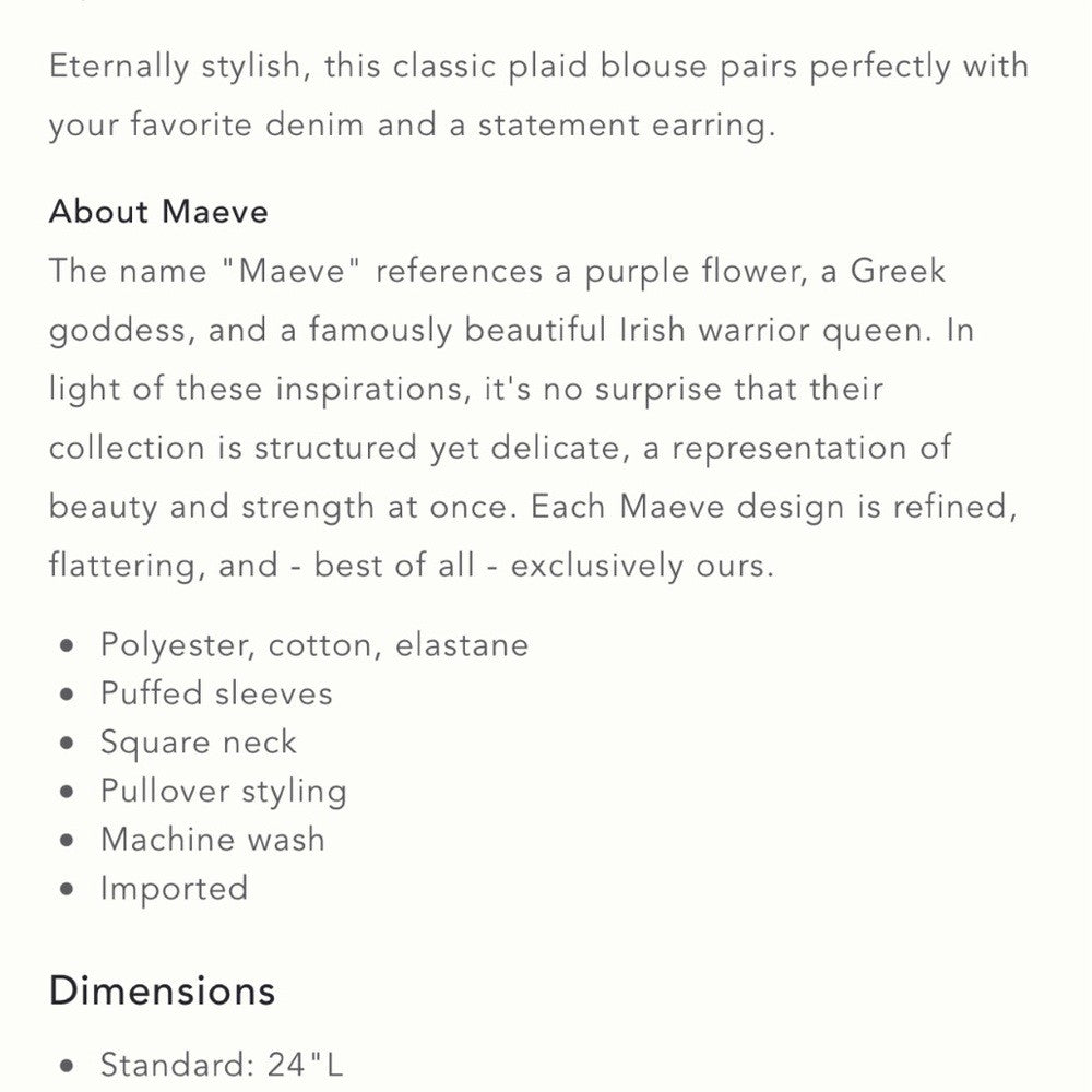 Anthropologie Maeve Neutral Plaid Square-Neck Blouse NEW Size Medium