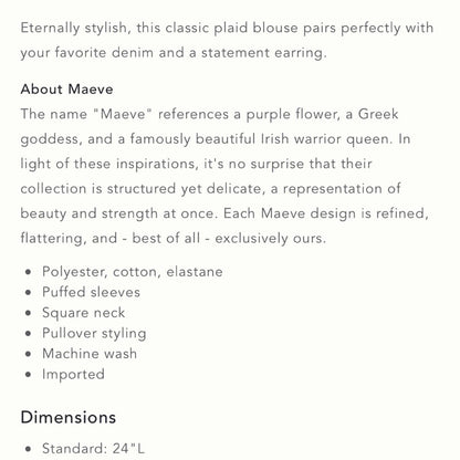 Anthropologie Maeve Neutral Plaid Square-Neck Blouse NEW Size Medium