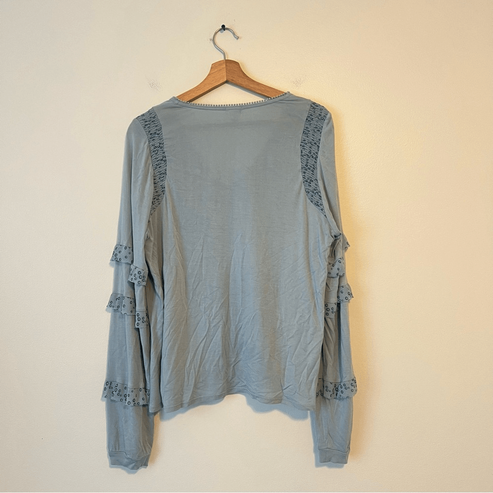 Anthropologie Tiny Frances Floral Long Sleeve Ruffle Blouse Blue Motif Size Larg