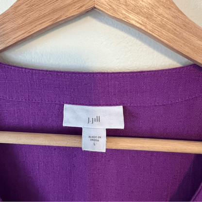 J.Jill Purple Button Front Linen Blend Midi Dress Puff Sleeve Size Large