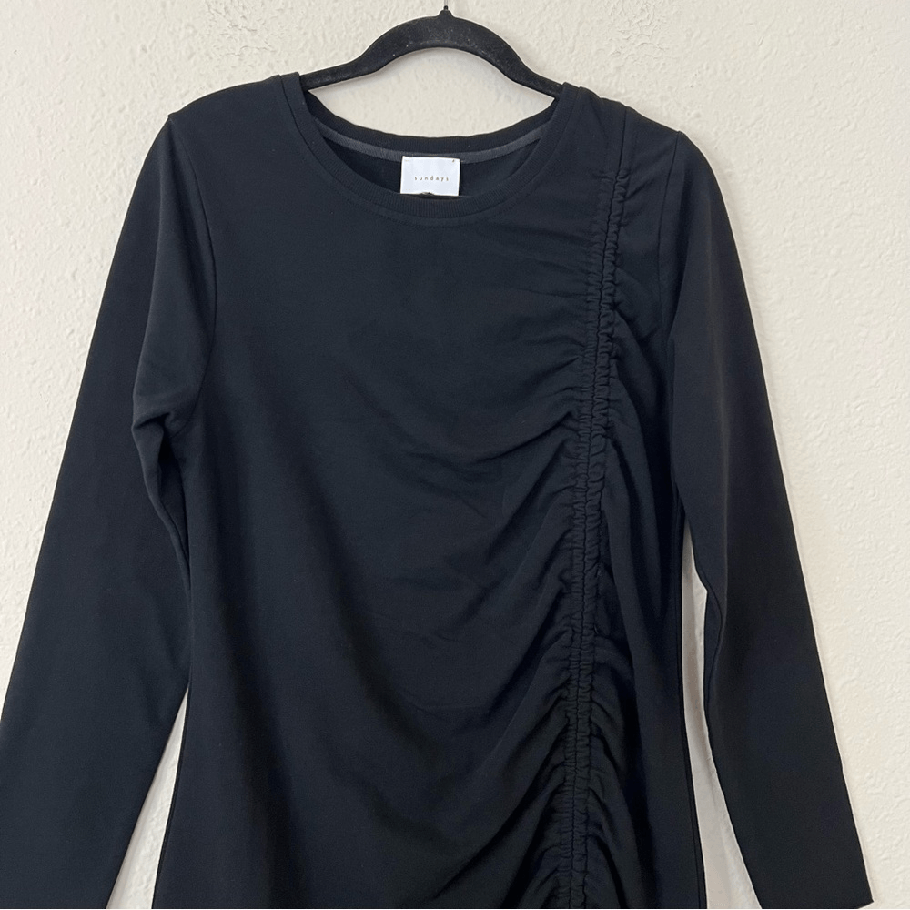 Anthropologie Sundays Ramone Black Ruched Mini Dress Size Medium, Long Sleeve