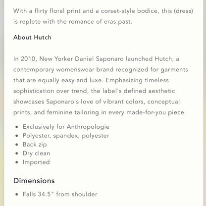 Anthropologie Hutch Ditsy Floral Corset Mini Dress NEW Size Large