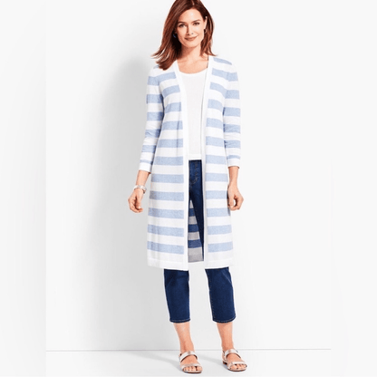 Talbots Striped Blue White Marled Longline Duster Cardigan Pima Cotton Size SP